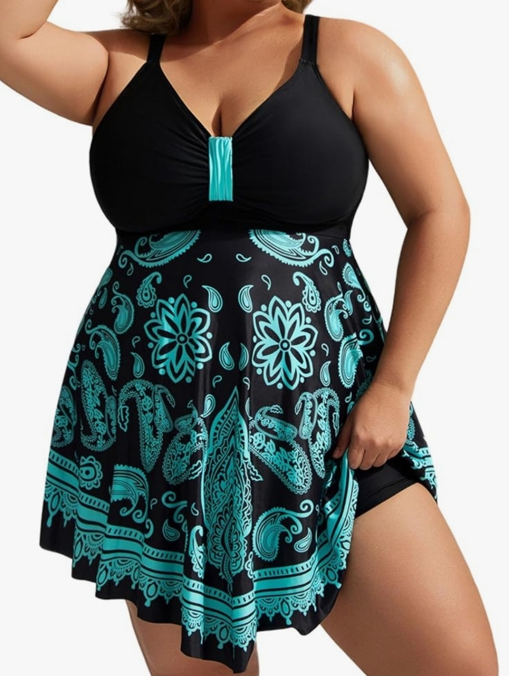 Plus Size Black & Teal One Piece Swimdress - Tummy Control Body Shaping